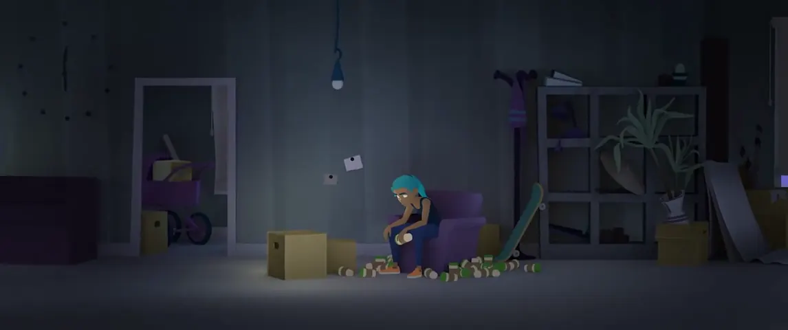 02:37, 어두운 방의 의자에 앉은 인물과 바닥에 놓인 여러 컵